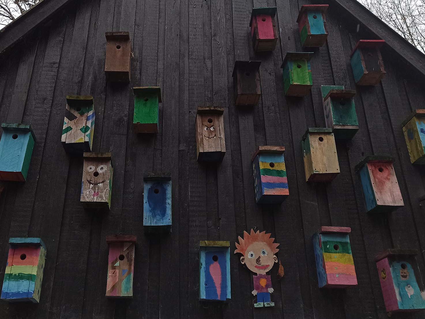 Colourful birdboxes on the wall of a building